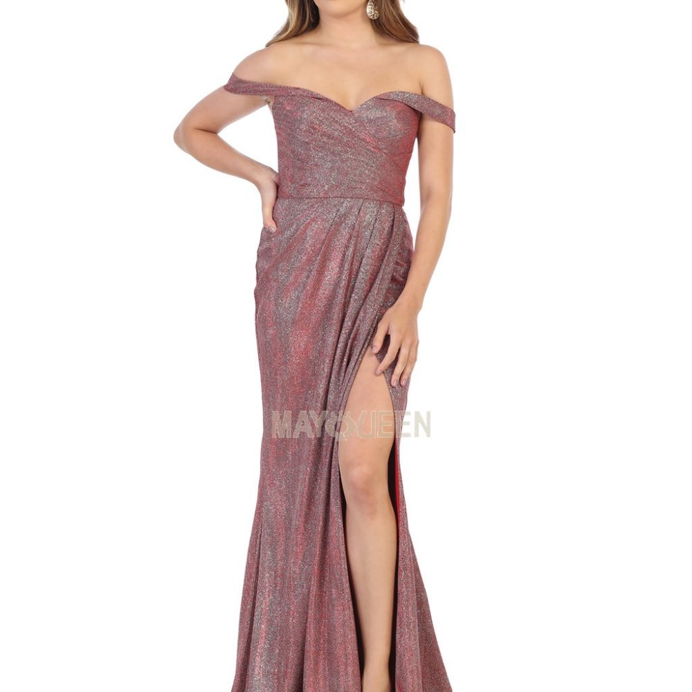 Off the shoulder fitted long dress, red,black,navy, pink, gold - Picture 8 of 11